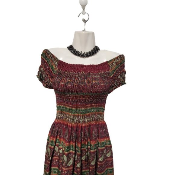 Smocked Red Burgundy Paisley  Dress  Midi Dress Size S - Picture 7 of 8